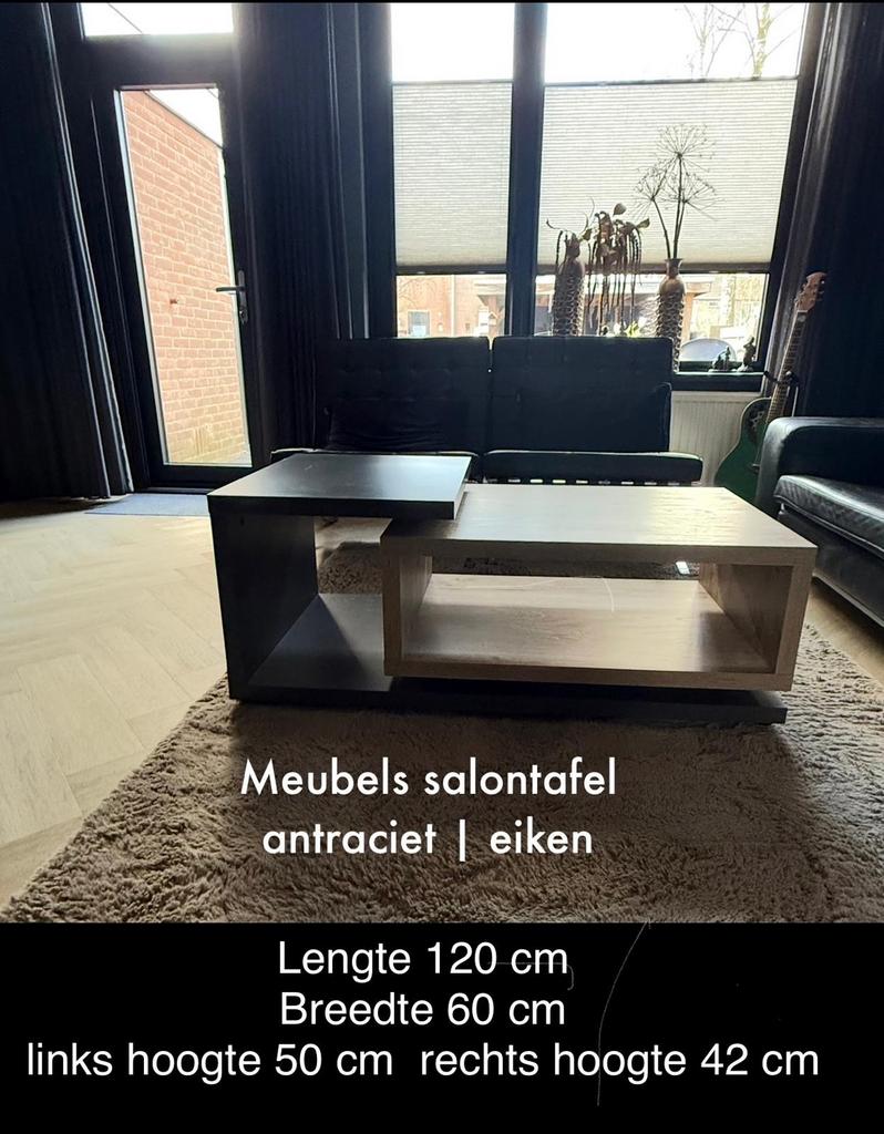 Salontafel antraciet en eiken, Ophalen, Gebruikt, 100 tot 150 cm, Eikenhout