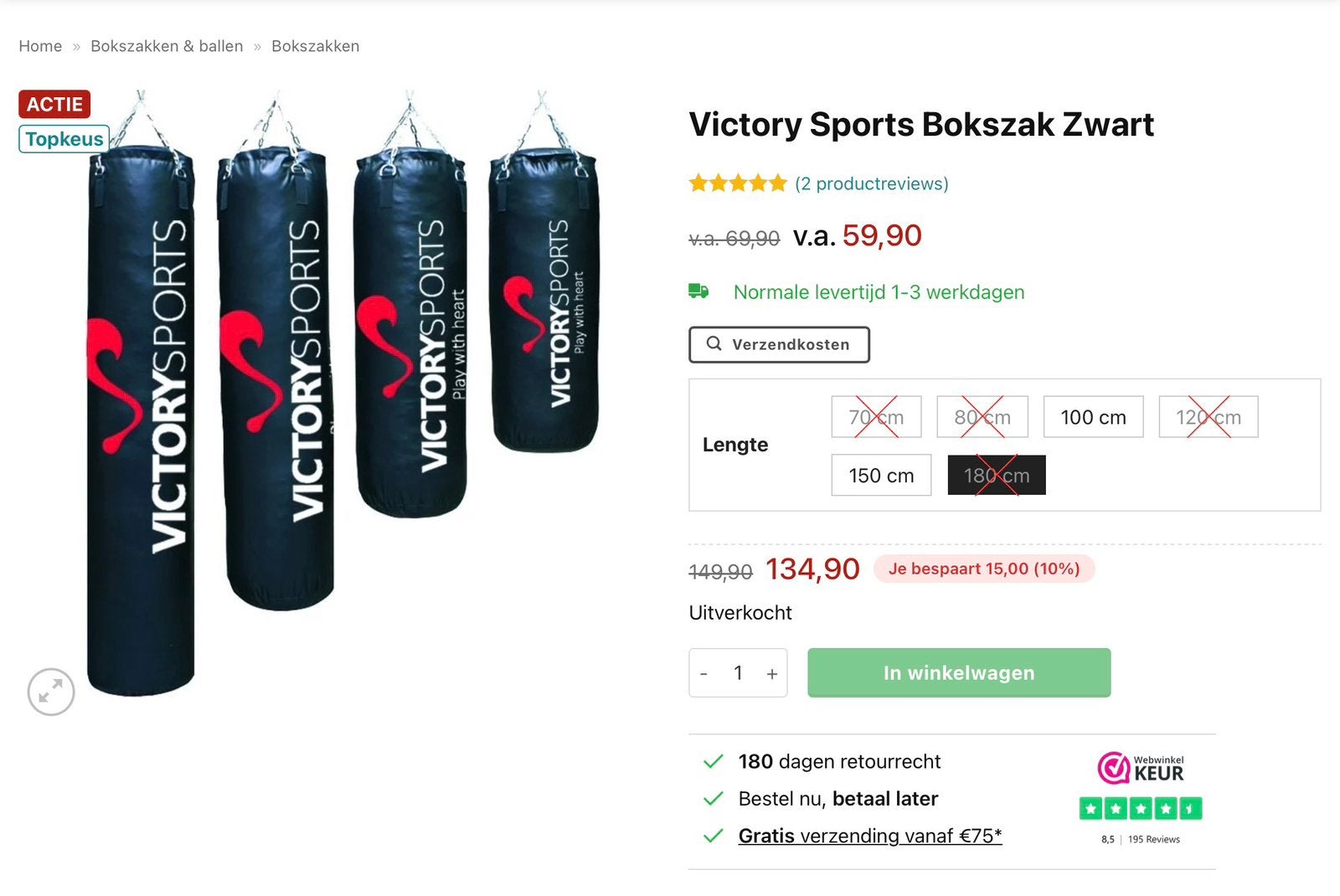 Bokszak 180 cm Victory Sports €50,-, Sport en Fitness, Ophalen, Zo goed als nieuw, Bokszak