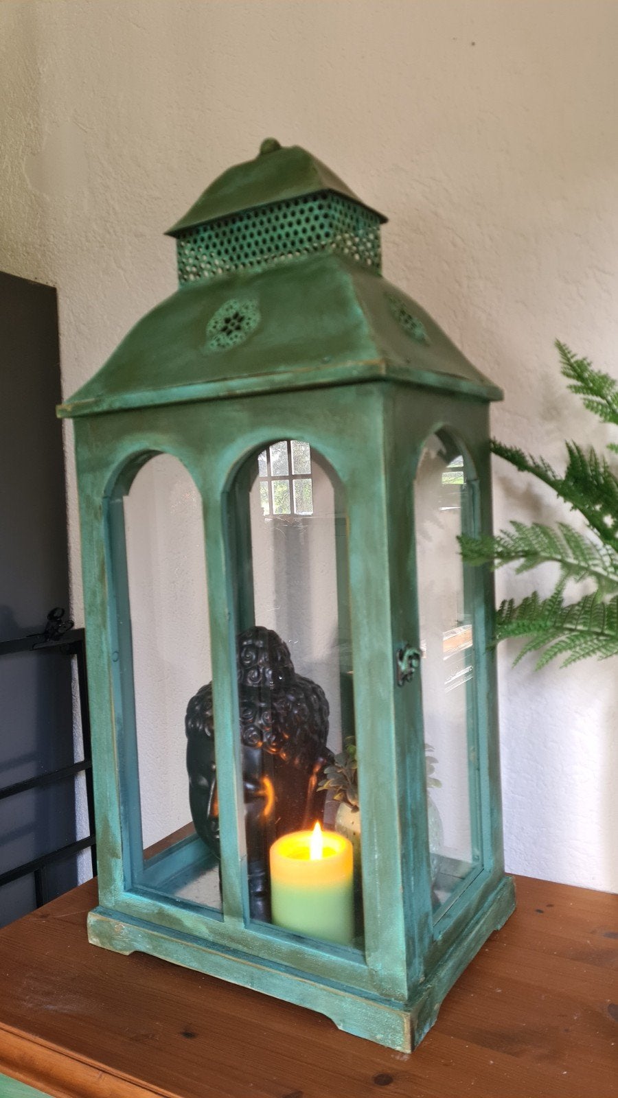 XL lantaarn windlicht vitrine 75 cm vintage groen ibiza, 50 tot 75 cm, Ophalen of Verzenden, Zo goed als nieuw, Kandelaar