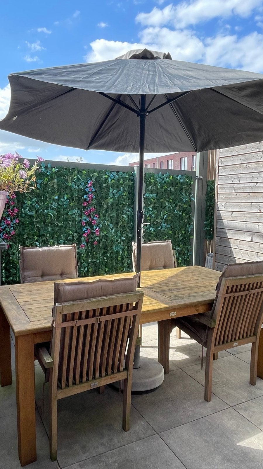 Teakhouten tuinset met 4 stoelen en parasol, Ophalen, 4 zitplaatsen, Gebruikt, Eettafel