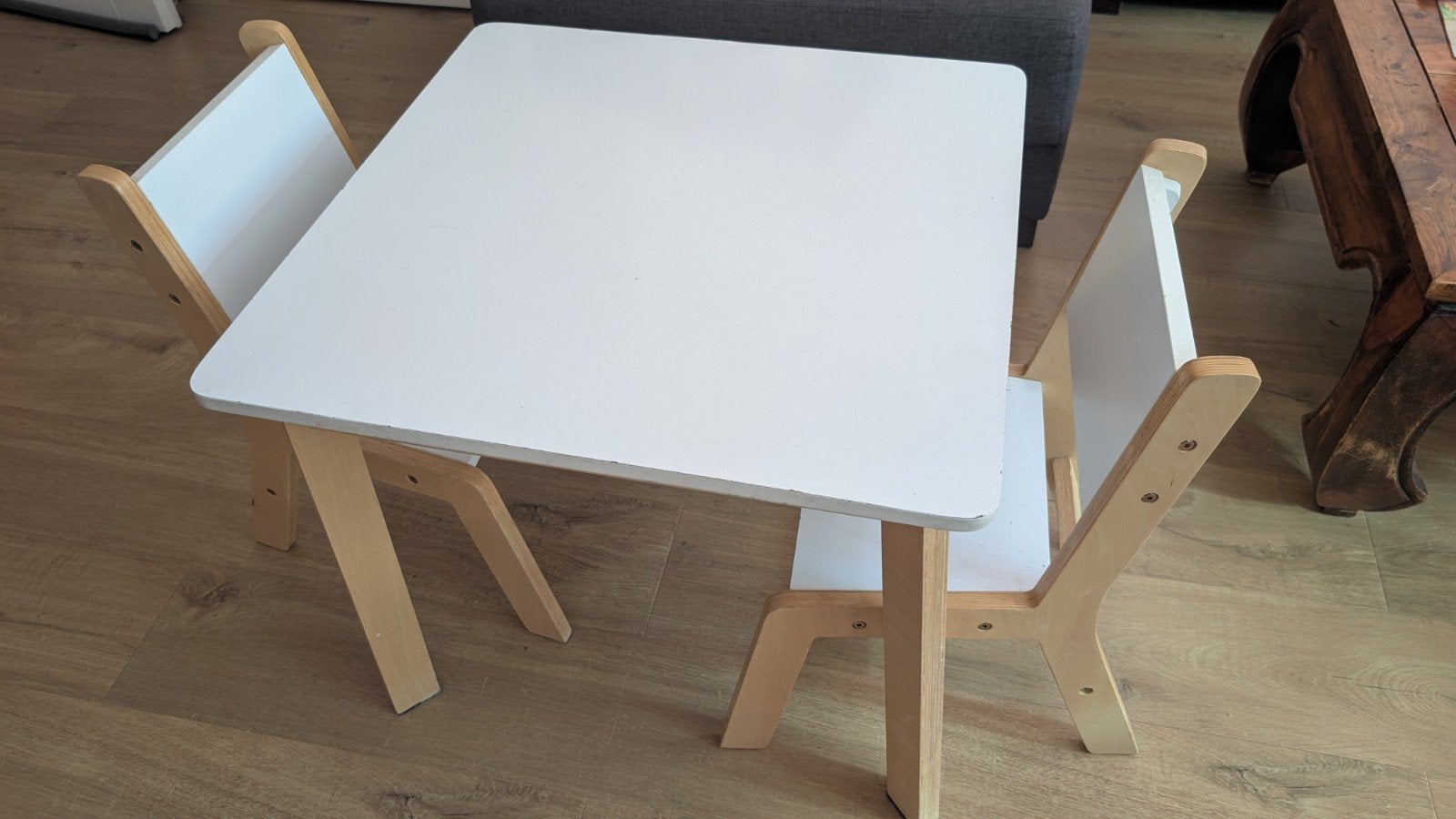 Kinder tafel met 2 stoeltjes - Wit/Hout, Ophalen of Verzenden, Gebruikt, Tafel(s) en Stoel(en)