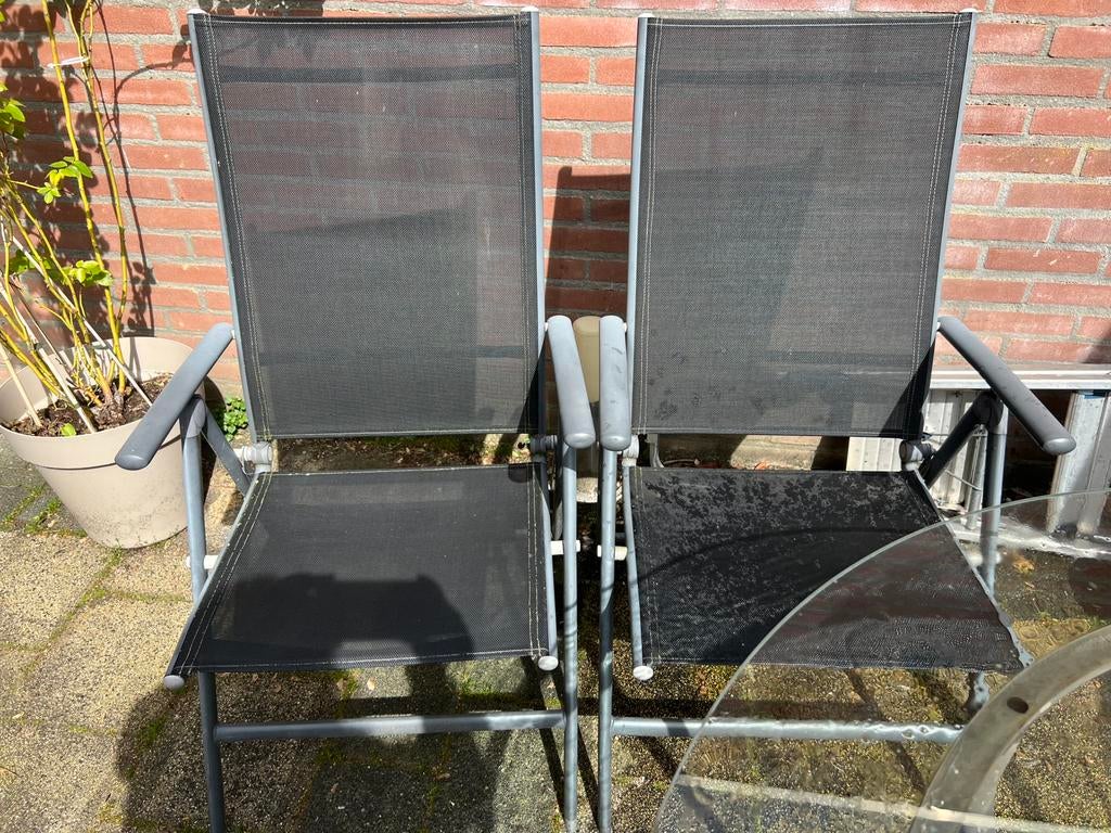 2 tuinstoelen en tuintafel, Ophalen, Gebruikt, Aluminium, Verstelbaar