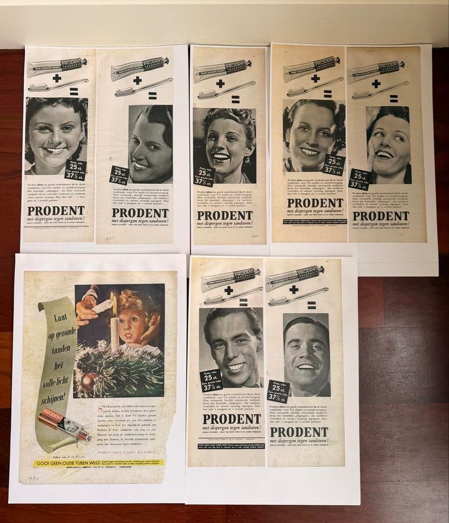 Oude Prodent reclame advertenties uit 1934 en 1941. Kopie., Verzamelen, Ophalen of Verzenden, Gebruikt, Reclamebord