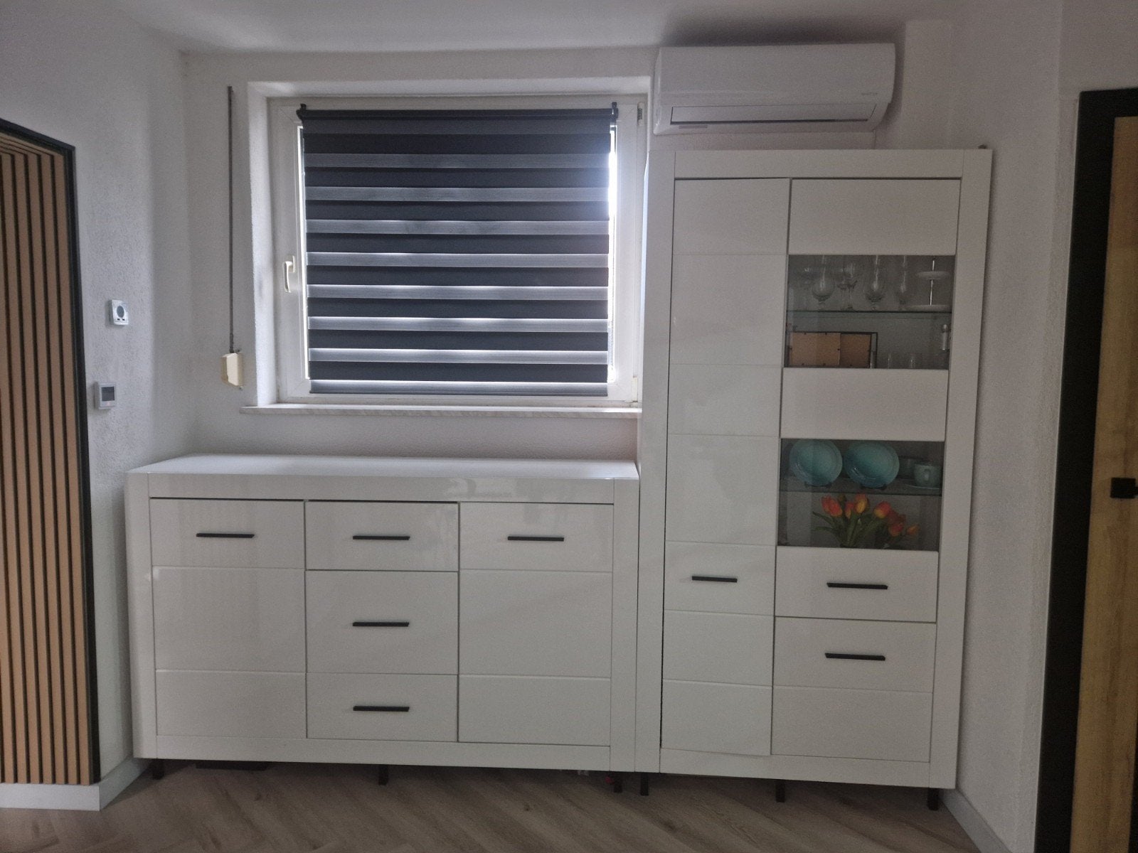 Moderne Woonkamer Set - Hoogglans Wit Dressoir + Vitrinekast, Huis en Inrichting, Kasten | Dressoirs, Ophalen, Met deur(en), Modern, Strak, Hoogglans