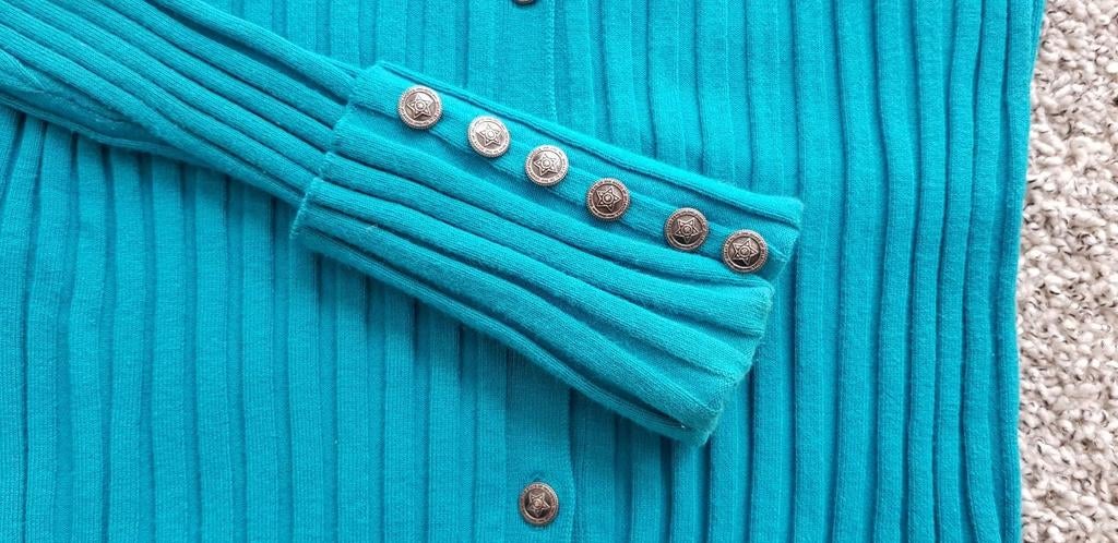Turquoise geribbelde cardigan met knoopjes, Ophalen of Verzenden, Zo goed als nieuw, Maat 38/40 (M), Blauw
