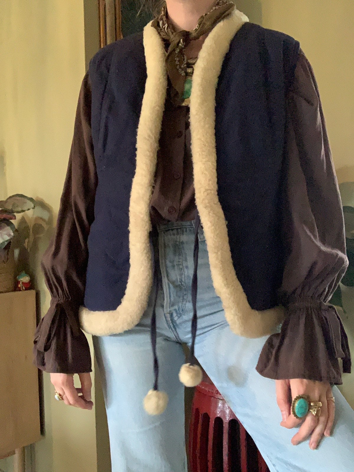 Vintage wollen gilet L bohemian waistcoat, -, Blauw, -, Maat 42/44 (L)
