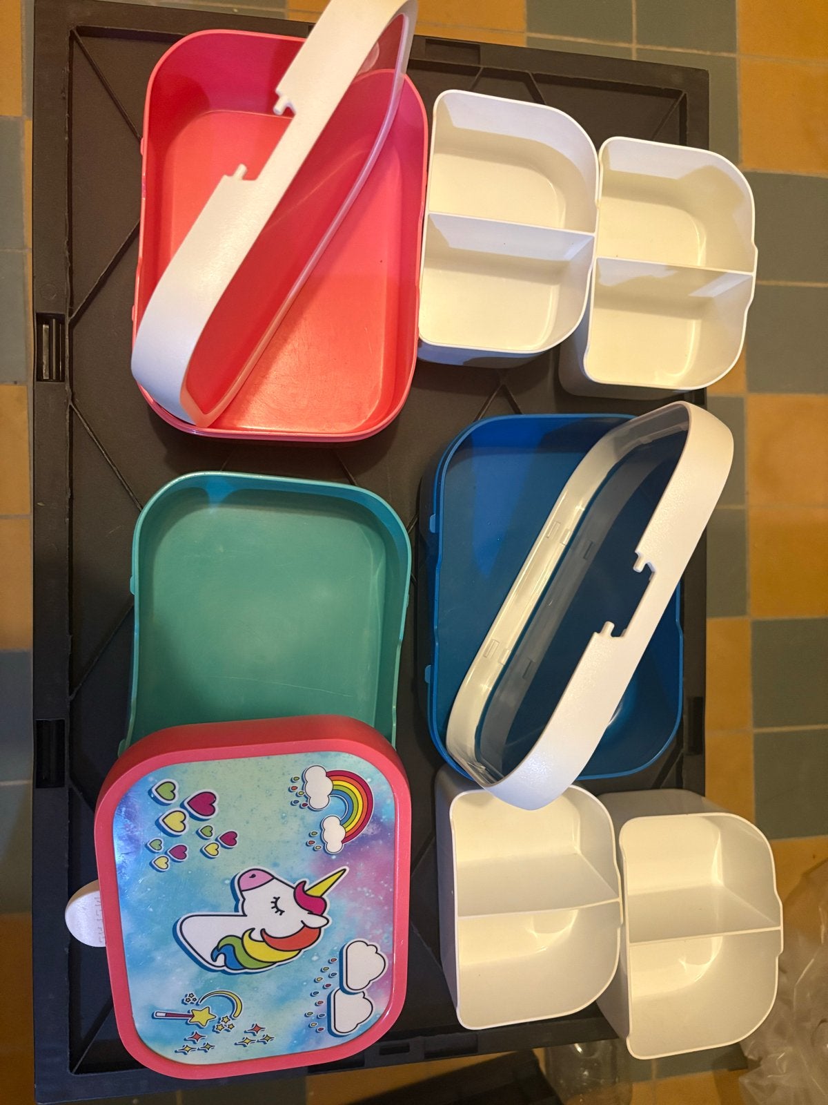 3 Mepal Broodtrommels met bakjes - Unicorn, Roze, Blauw, Huis en Inrichting, Gebruikt, Kunststof, Ophalen of Verzenden, Roze