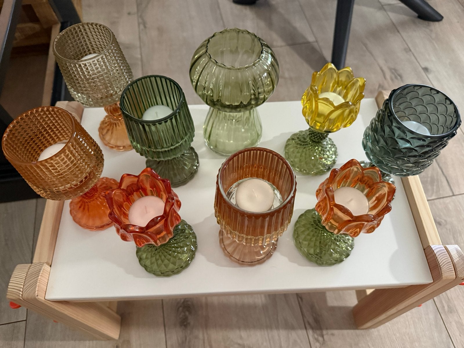 Set van 10 glazen kandelaars/waxinelichthouders, diverse kle, Meerkleurig, Ophalen of Verzenden, Kandelaar, Glas