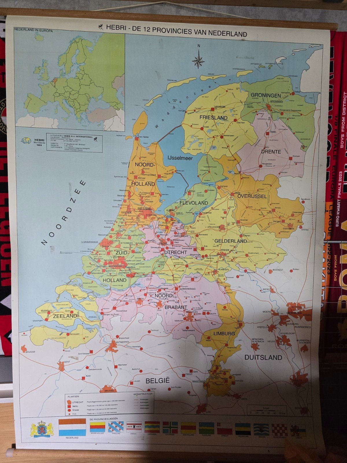 Vintage Hebri Schoolwandkaart Nederland - De 12 Provincies, Ophalen of Verzenden