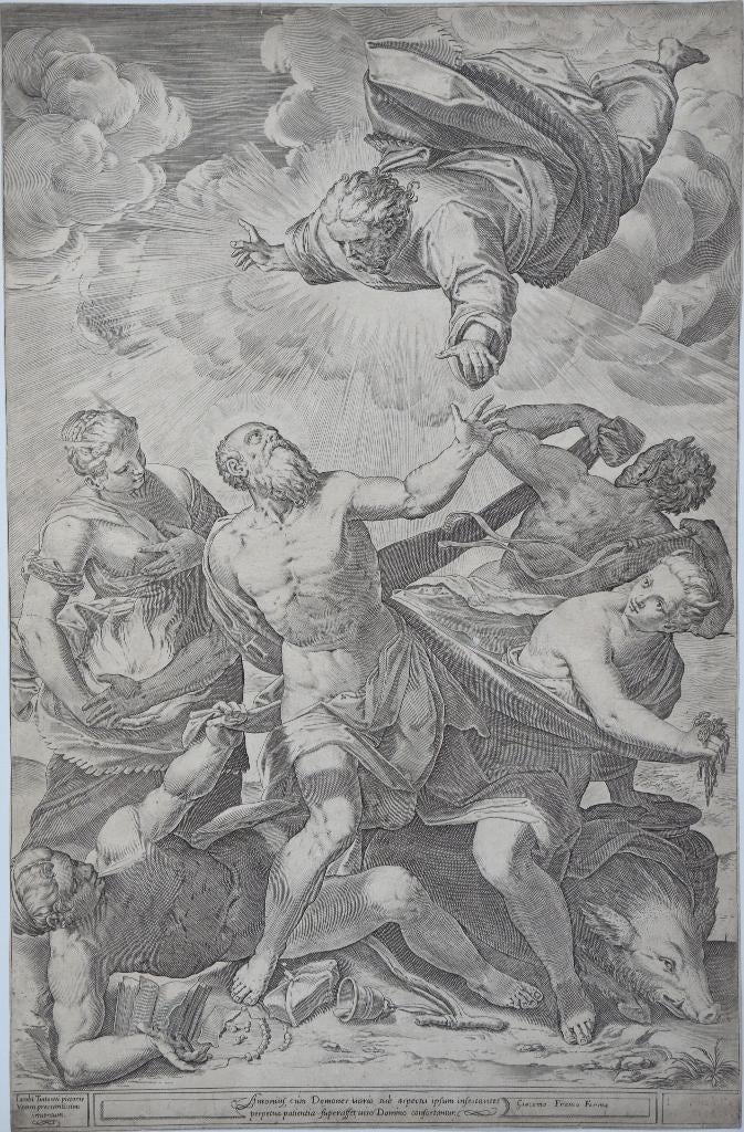 Giacomo Franco n Tintoretto gravure "Verzoeking H. Antonius", Ophalen, Religie, Voor 1600, Origineel