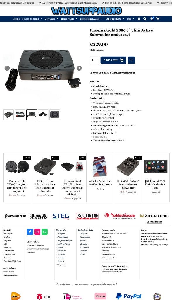 Phoenix Gold Z880 8″ Slim Active Subwoofer underseat, Hifi-Focus, Aalsmeerderweg 173 1432 CL, Aalsmeer, Nieuw, Ophalen of Verzenden