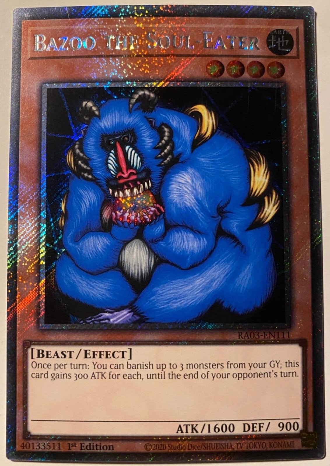 Yu-Gi-Oh! Bazoo the Soul-Eater RA03 1st Edition !, Ophalen of Verzenden, Zo goed als nieuw, Losse kaart, Foil