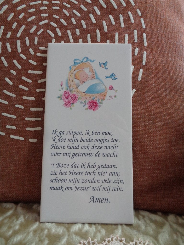 Vintage Tegeltje Geloof Baby gaat Slapen ** Mimosa **, Ophalen of Verzenden