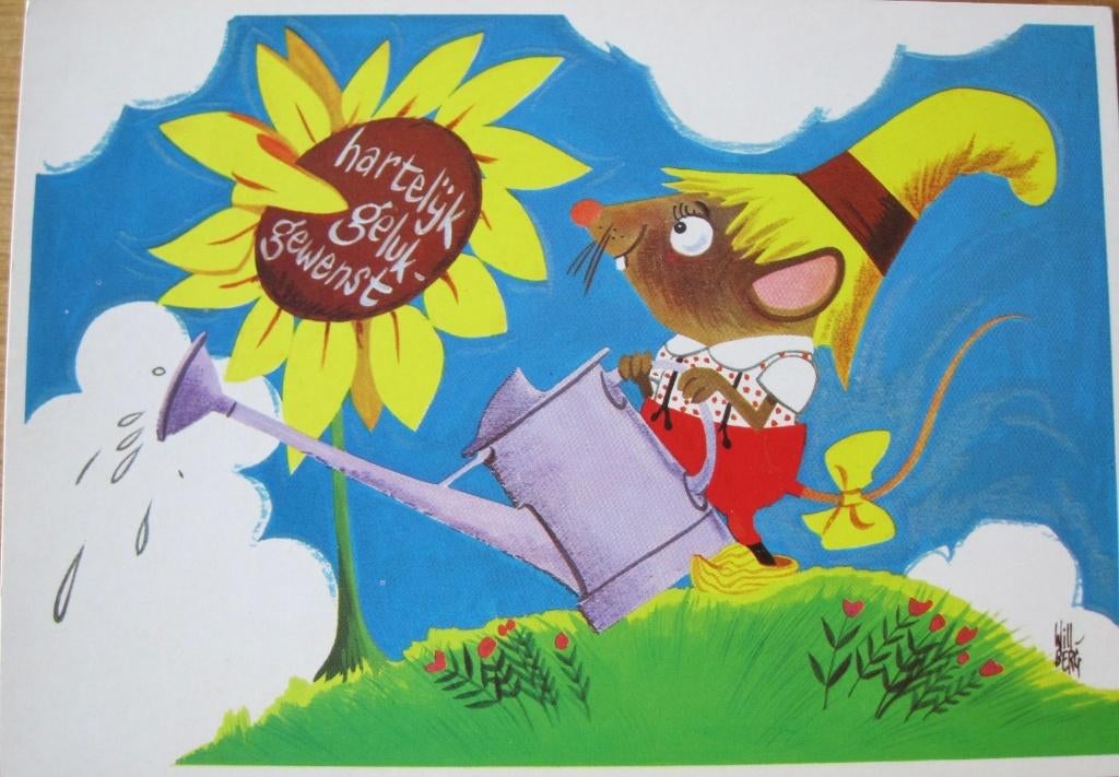 Gefeliciteerd - muis met gieter - nieuwe kaart van Will Berg, Verzenden, 1980 tot heden, Ongelopen, Overige thema's