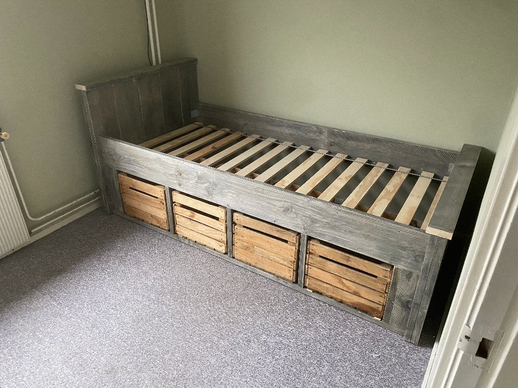 Steigerhouten bed op maat met fruitkistjes, 90 cm, Eenpersoons, Steigerhout, Nieuw