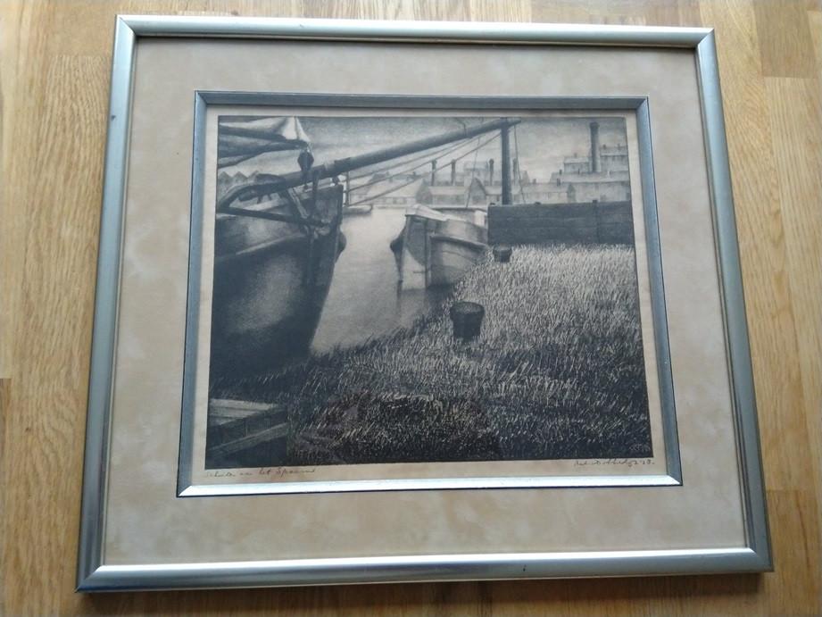 Aart van Dobbenburgh Schuiten aan het Spaarne 1928 Grafiek, Ophalen of Verzenden