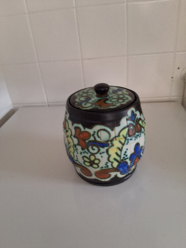 DEKSELPOT/TABAKSPOT- BERGS AARDEWERK-PLATEEL ART DECO  1930, Antiek en Kunst, Ophalen of Verzenden