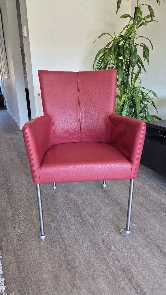 Set van 4 donkerrood leren eetkamerstoelen op wieltjes, Huis en Inrichting, Stoelen, Ophalen, Gebruikt, Leer, Vier