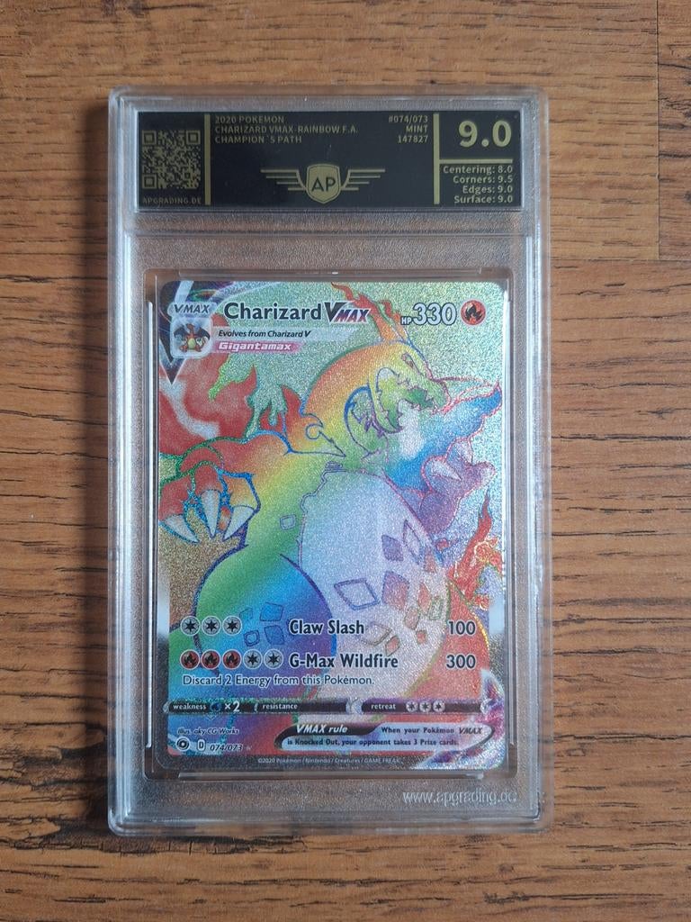Charizard VMAX Rainbow Rare AP Graded 9.0 Pokémon Kaart, Ophalen of Verzenden, Nieuw, Losse kaart