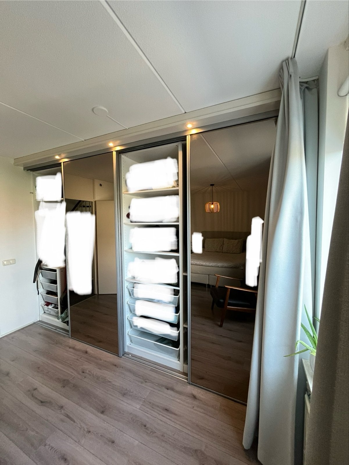 IKEA PAX Kledingkast met (spiegel) schuifdeuren en spotjes, Ophalen, Kunststof, 200 cm of meer, Zo goed als nieuw