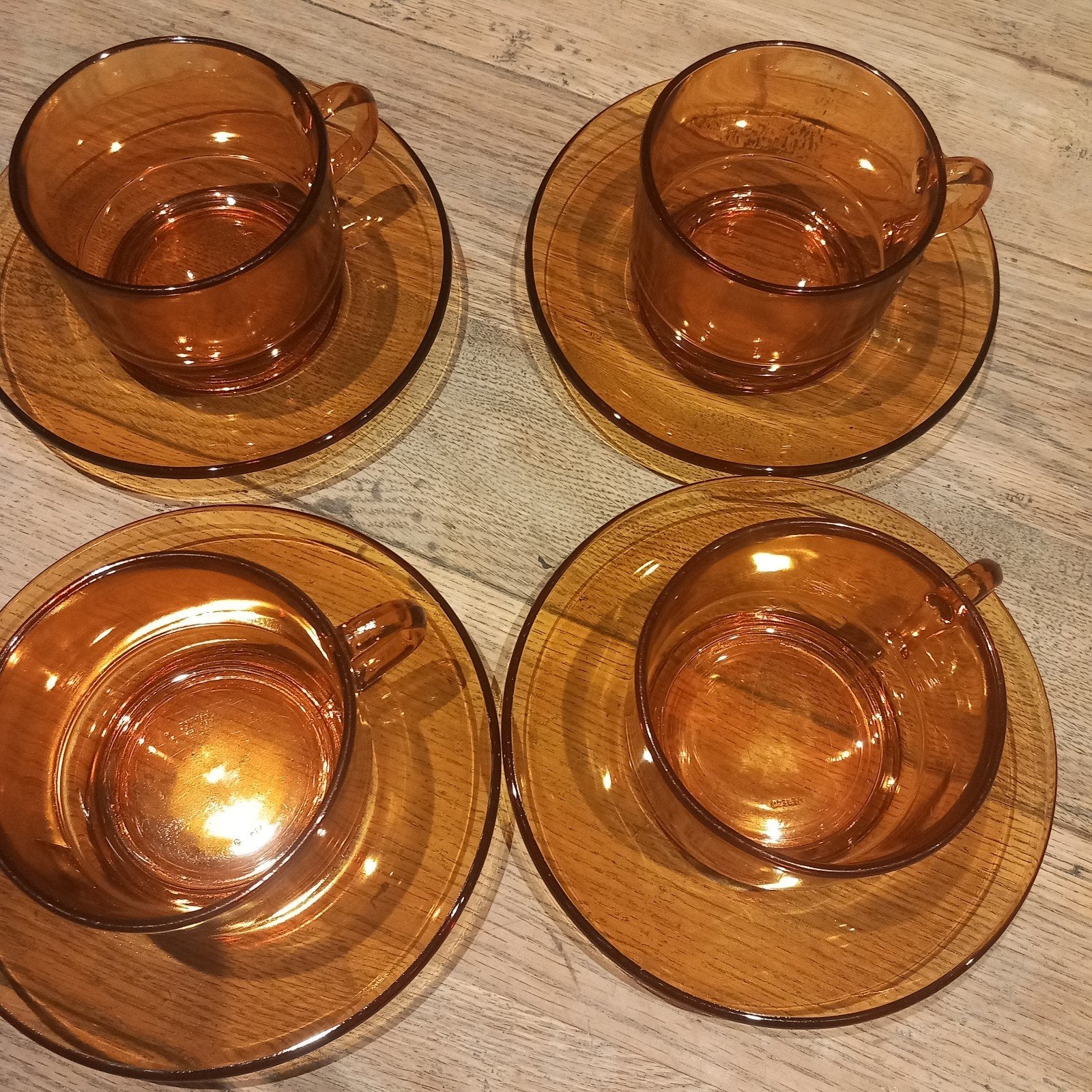 Vereco France Vintage Amber Glazen Kopjes en Schotels Set, Ophalen of Verzenden