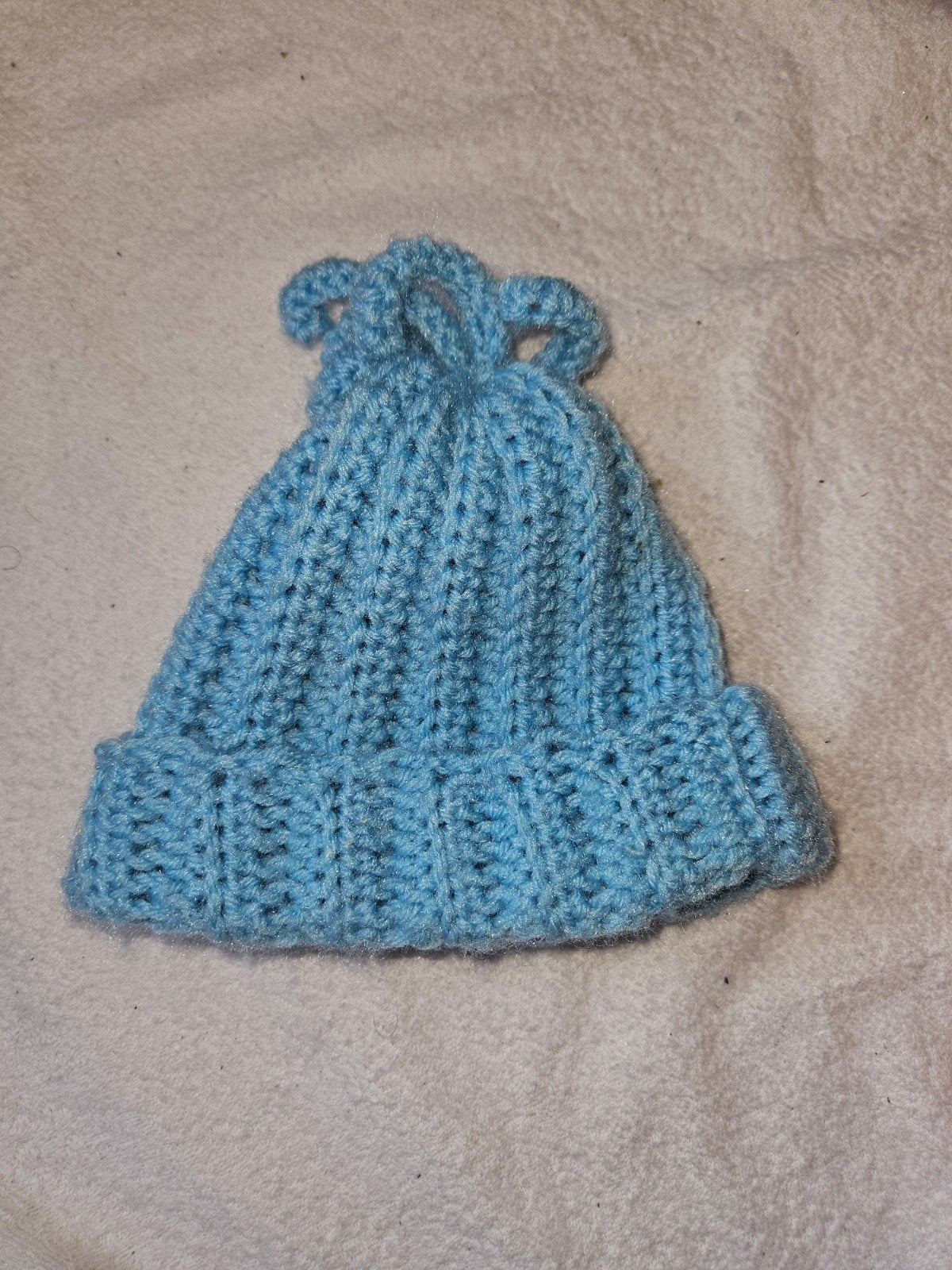 Handgemaakte 100% Katoenen blauw muts voor 0-3 maanden, Jongetje of Meisje, Maat 56, Handgemaakt, Ophalen of Verzenden