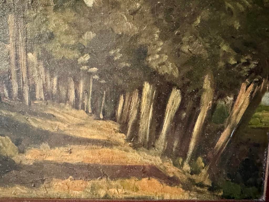 Olieverfschilderij: Bospad met bomen, gesigneerd, Antiek en Kunst, Ophalen of Verzenden