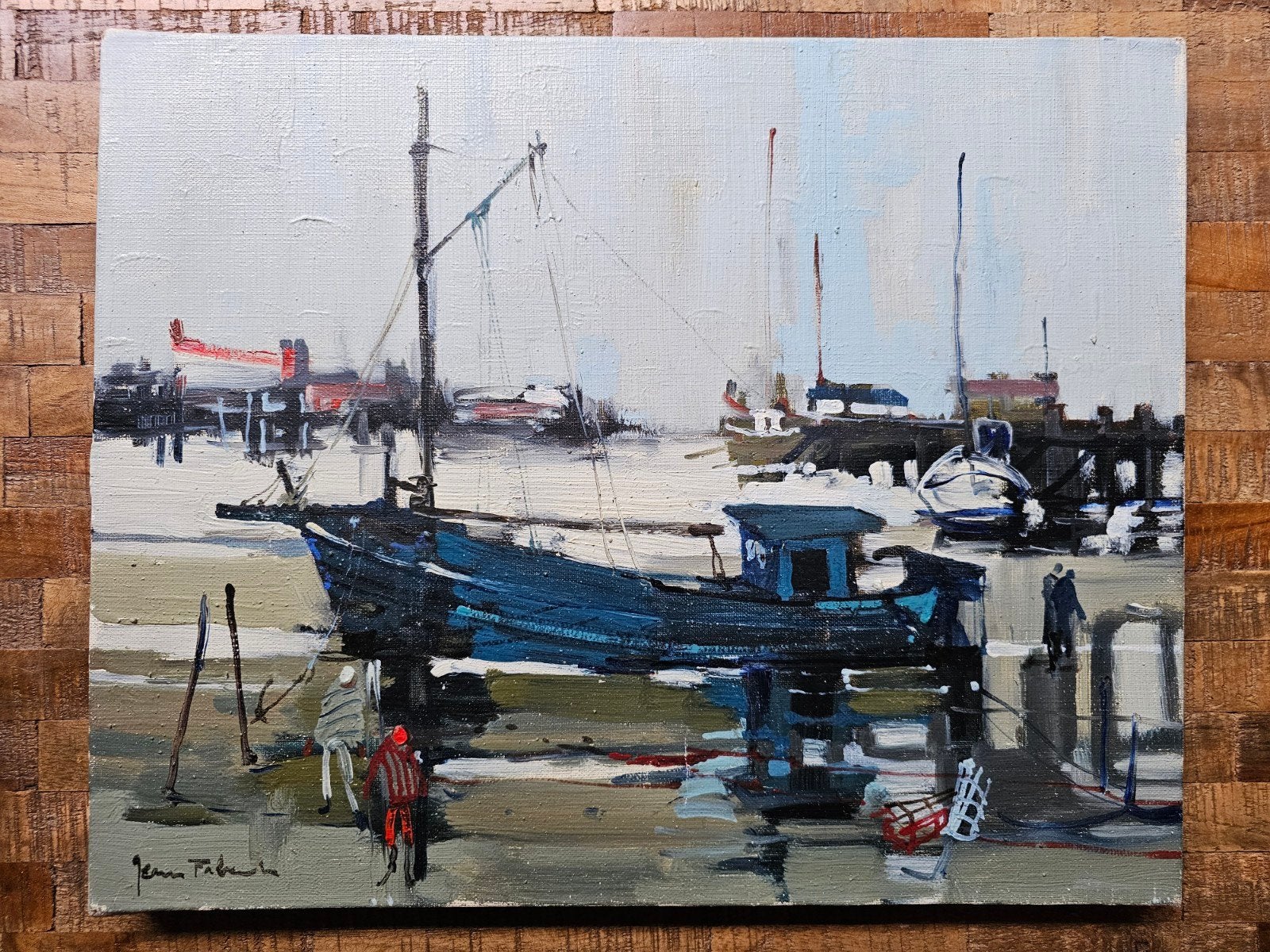Origineel Schilderij: Havenzicht met Boot (41x33cm), Ophalen of Verzenden