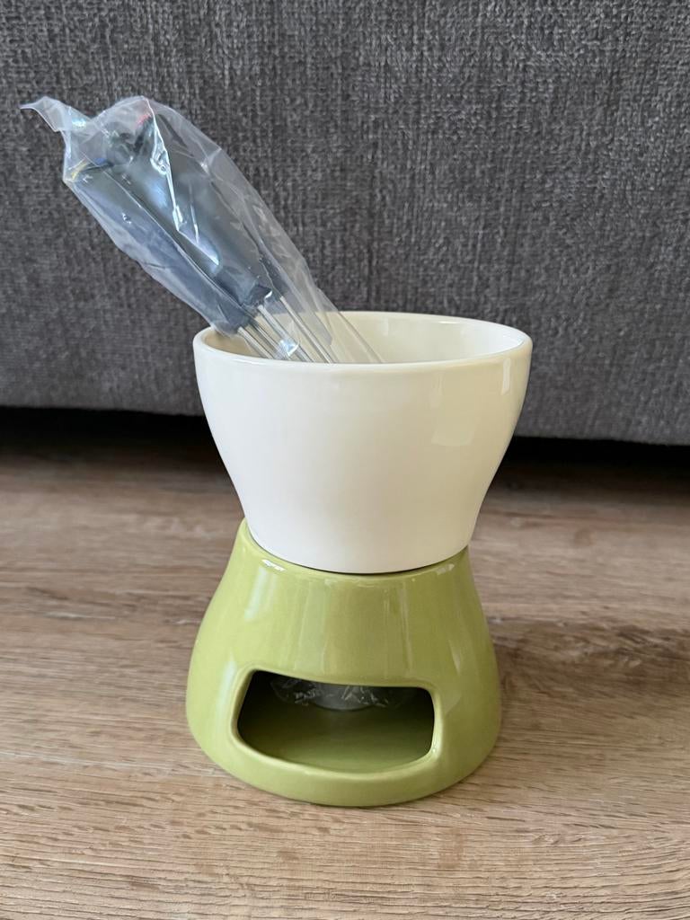 Porseleinen fondue setje vintage groen/wit (NIEUW), Witgoed en Apparatuur, Fonduesets, Ophalen of Verzenden, Zo goed als nieuw