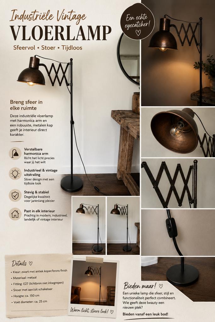 Industriële Vintage Vloerlamp    stoere uitstraling!, Ophalen of Verzenden, Zo goed als nieuw, 150 tot 200 cm