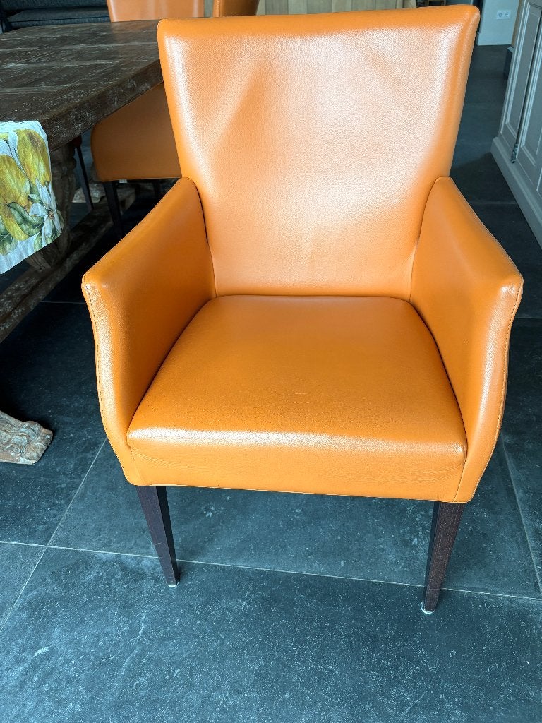 Te koop 6 oranje leren Bench stoelen, Huis en Inrichting, Stoelen, Ophalen, Overige kleuren, Leer, Zo goed als nieuw