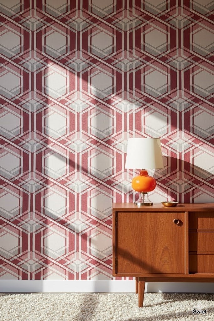 14254 vintage geometrisch behang roze grijs rood swiet, Verzenden, Roze