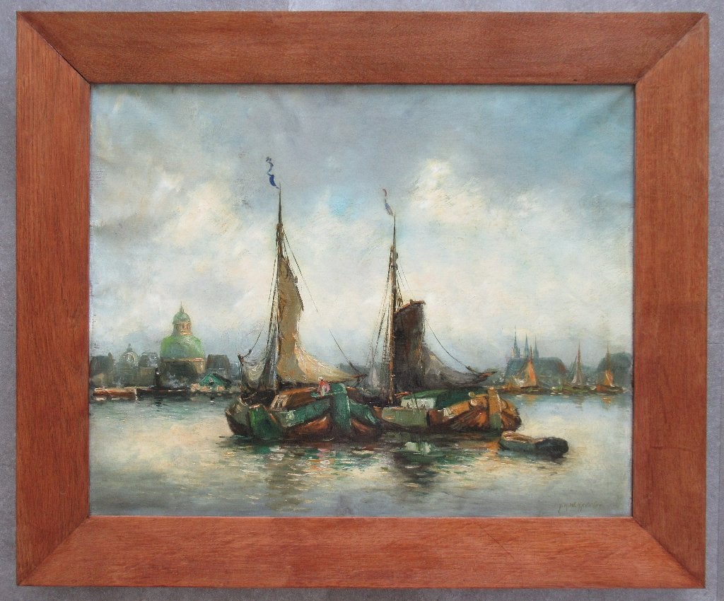 J.M.W. Kessler (1903-1952): Twee tjalken op het IJ, ca. 1930, Antiek en Kunst, Kunst | Schilderijen | Klassiek, Ophalen of Verzenden