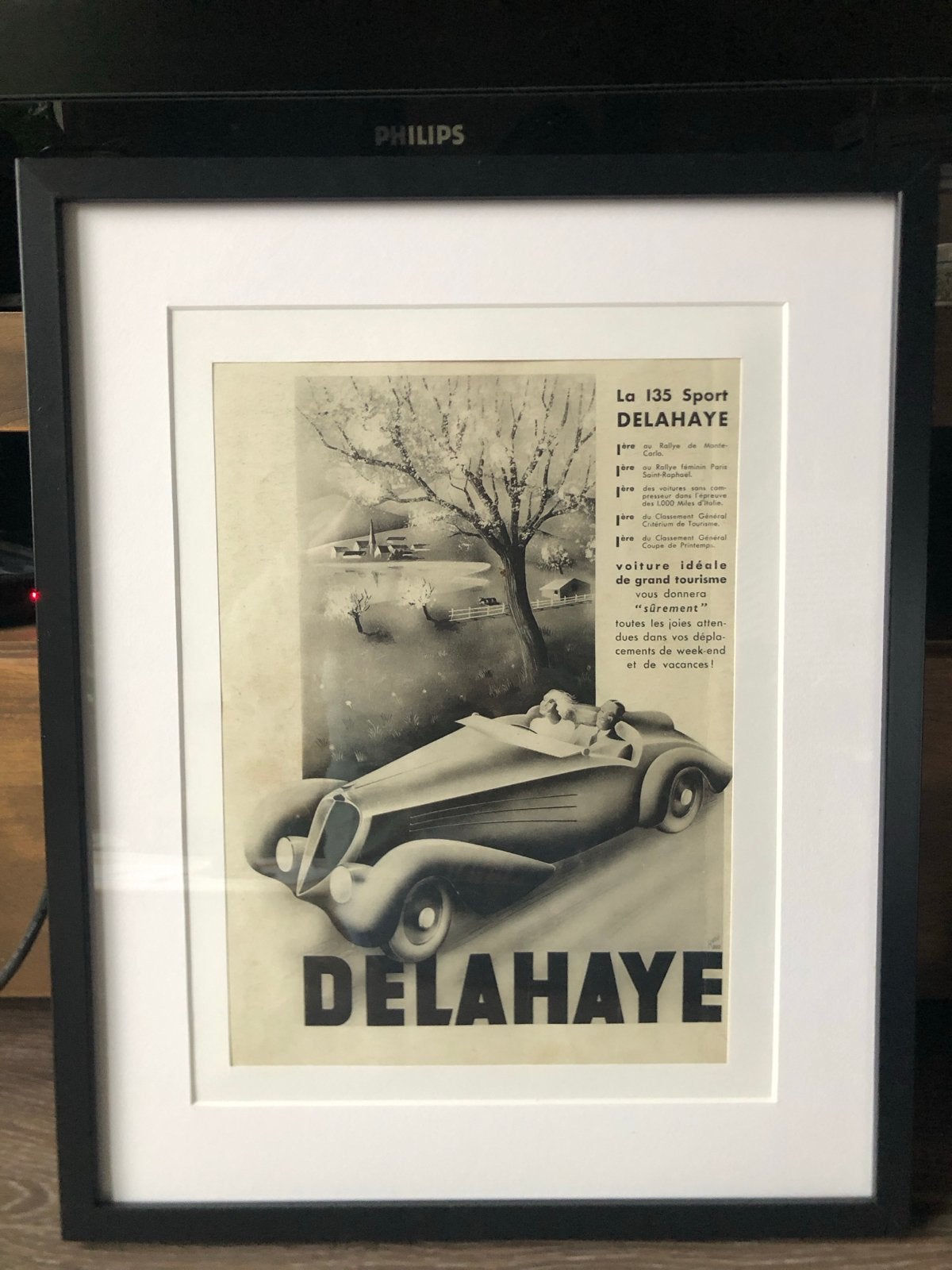 Vintage Delahaye La 135 Sport Prent in lijst illustration, Ophalen of Verzenden, Zo goed als nieuw, Voor 1940, Prent