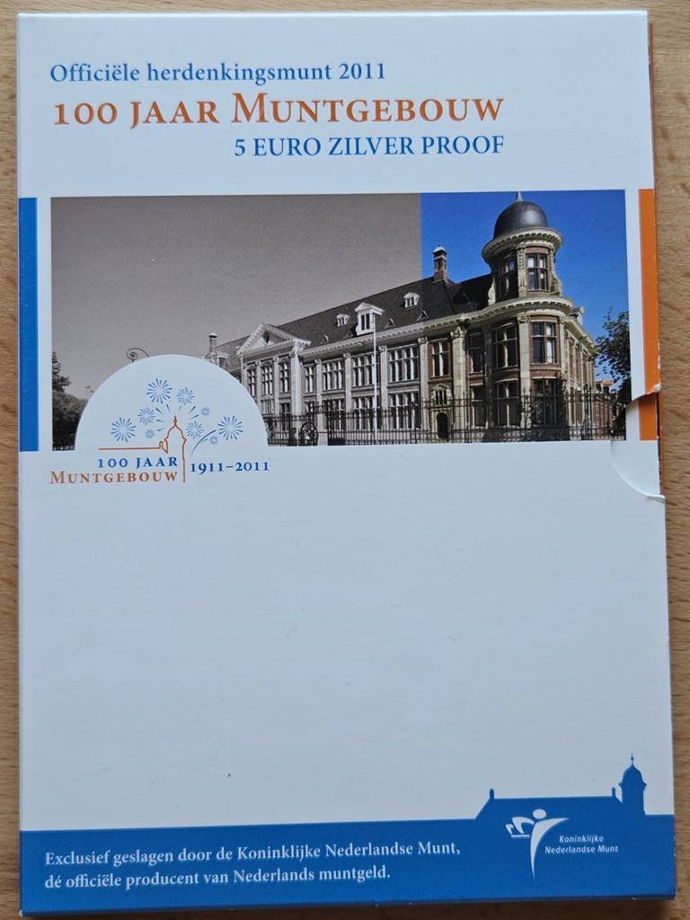 Zilver, 5 Euro 2011 Proof. 100 Jaar Muntgebouw., Koningin Beatrix, Zilver, Euro's, Ophalen of Verzenden
