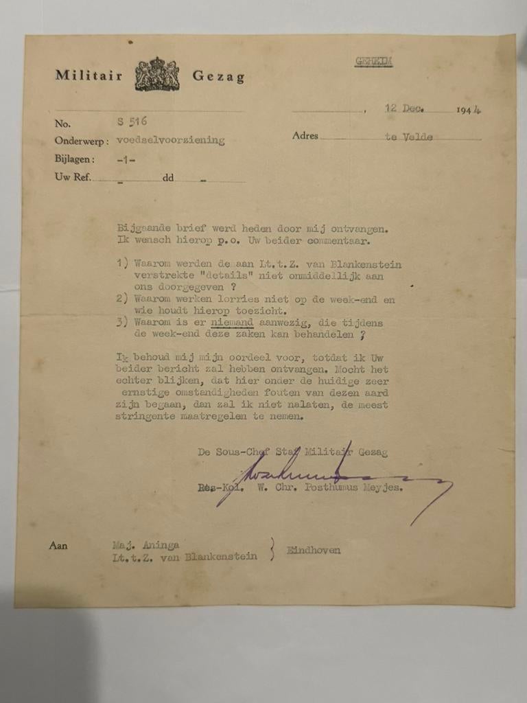 Origineel WO2 document Militair Gezag-GEHEIM 12december 1944, Verzamelen, Militaria | Tweede Wereldoorlog, Ophalen of Verzenden