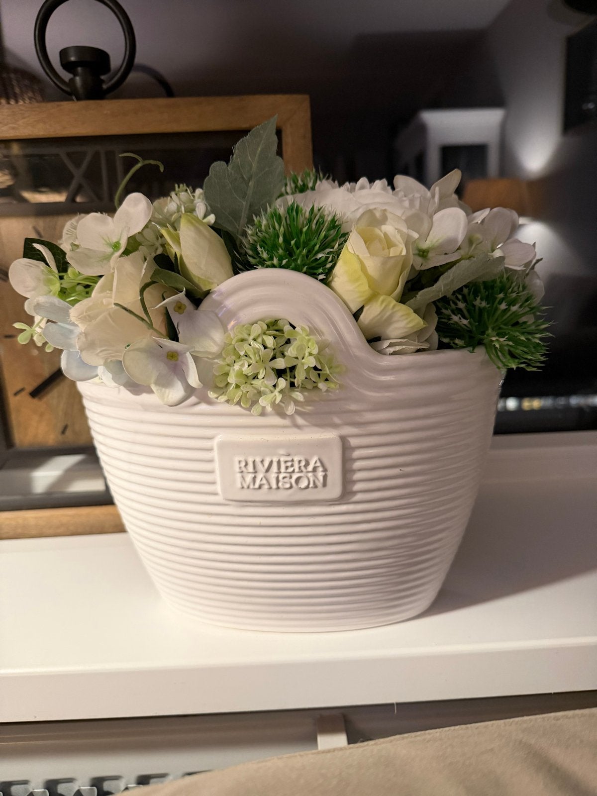 Riviera Maison vaas met kunstbloemen, Ophalen, Wit, Steen/keramiek, Landelijk