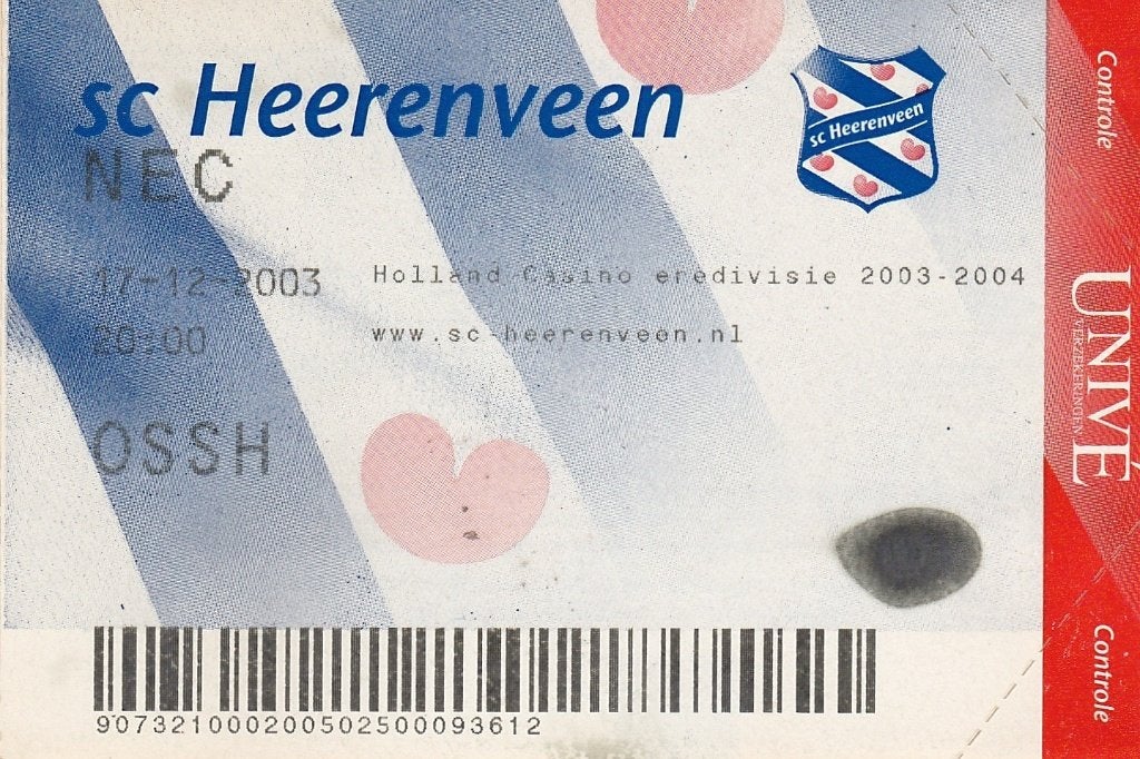 Ticket:sc Heerenveen v NEC NIjmegen 17-12-2003., Verzenden, Zo goed als nieuw, Overige binnenlandse clubs, Overige typen