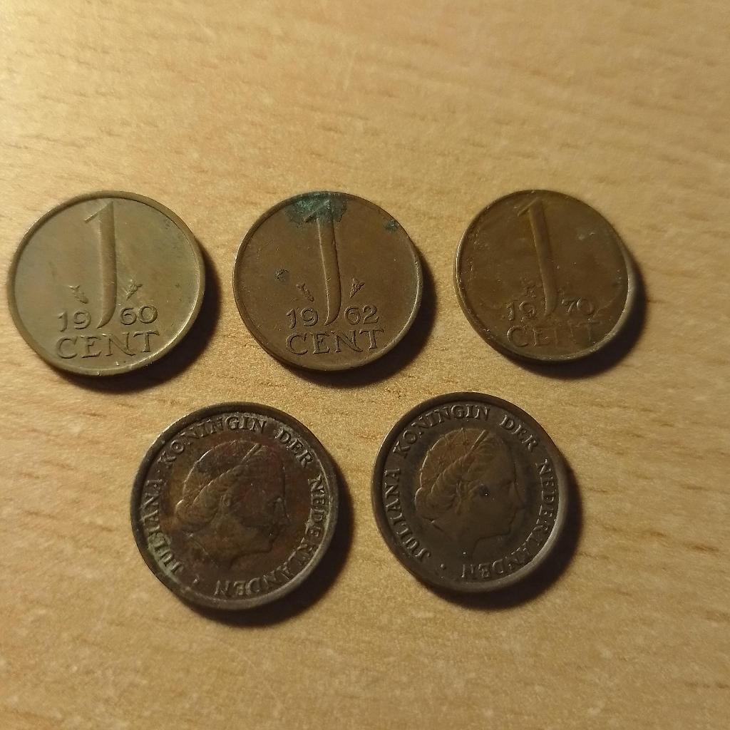 5 munten van 1 guldencent, Postzegels en Munten, Munten | Nederland, Verzenden, Koningin Juliana, 1 cent, Losse munt