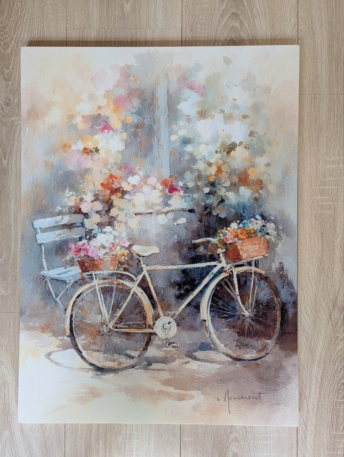 Canvas schilderij fiets met bloemen 77x57 cm, Ophalen, Aquarel, Op houten frame, Bloemen