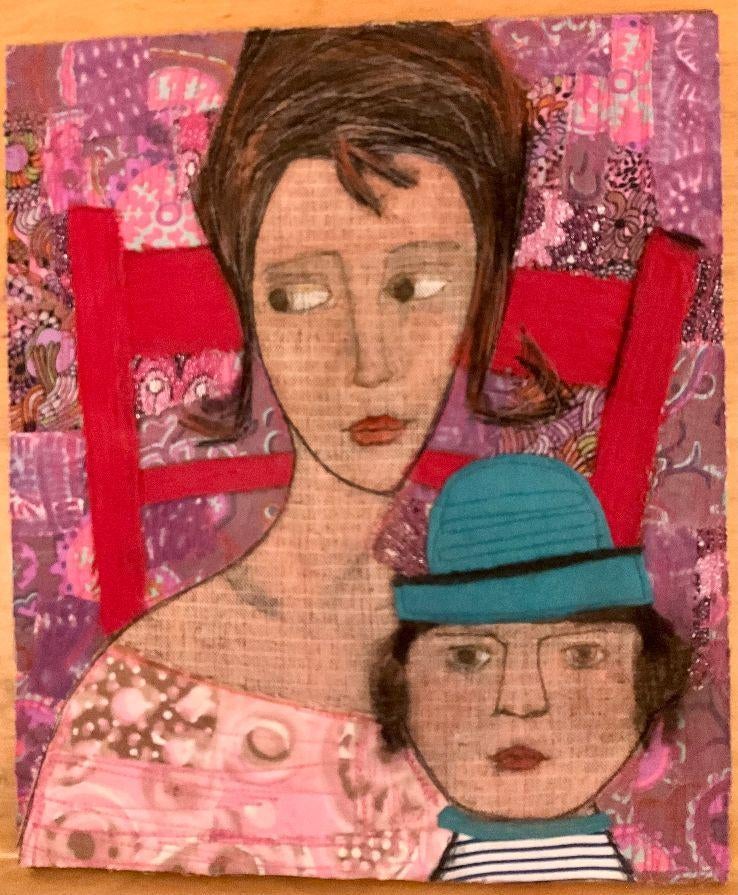 TEXTIELKUNST - Nella Wagemans - Zittende Moeder met kind, Antiek en Kunst, Kunst | Schilderijen | Klassiek, Ophalen