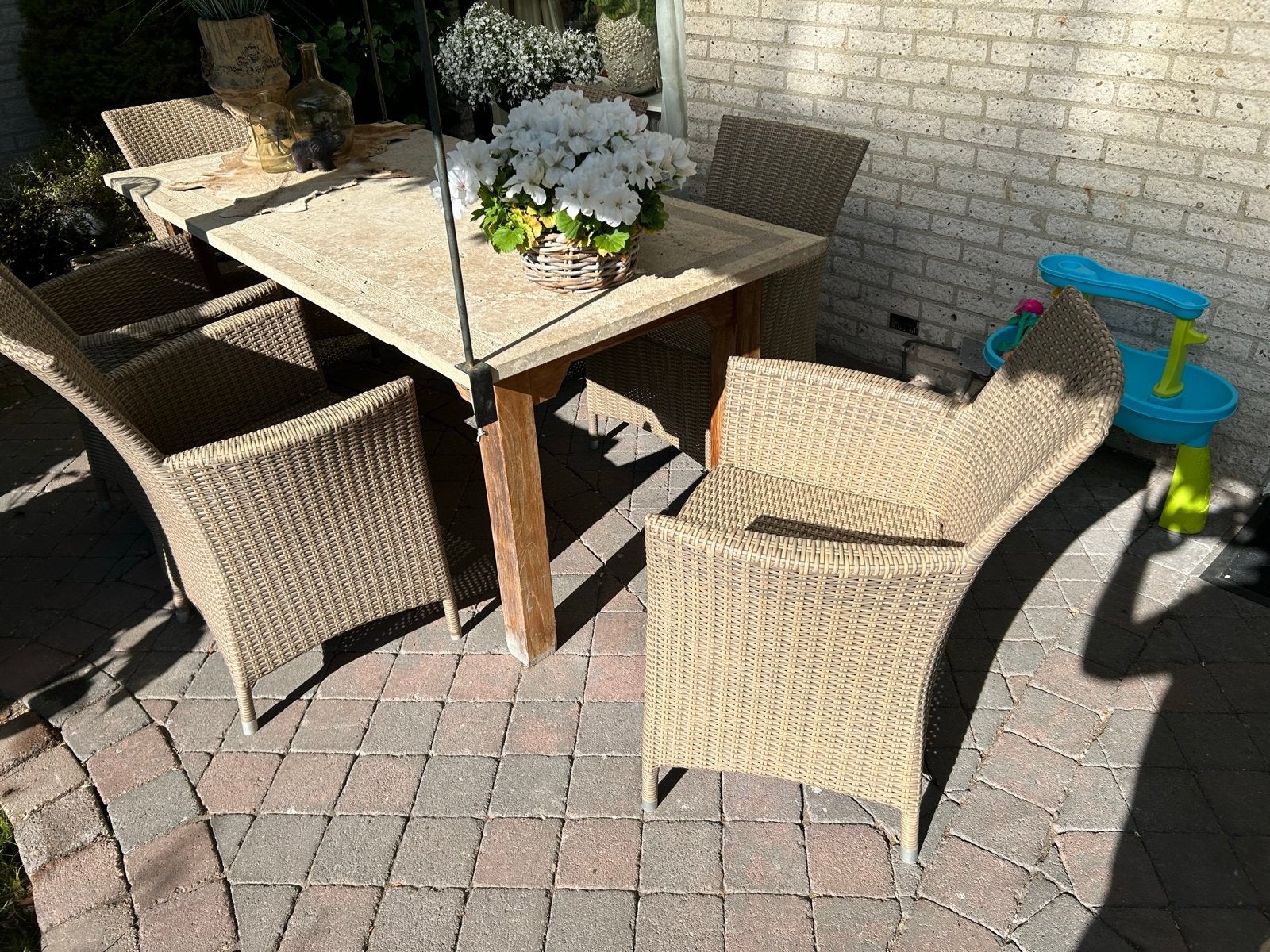 Tuinset: Natuurstenen Tafel met 6 Stoelen, Tuin en Terras, Ophalen, Overige materialen, Gebruikt, Eettafel