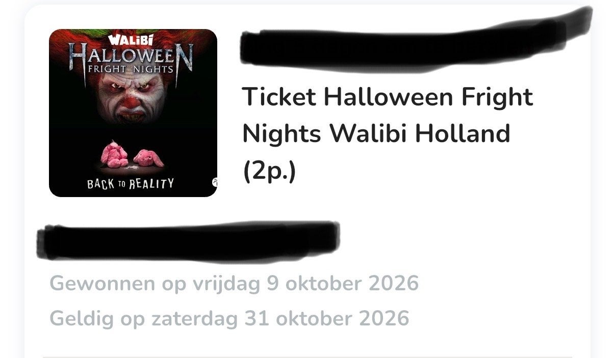 Walibi frightnights tickets 2 p zaterdag 31 october, Twee personen, Ticket of Toegangskaart