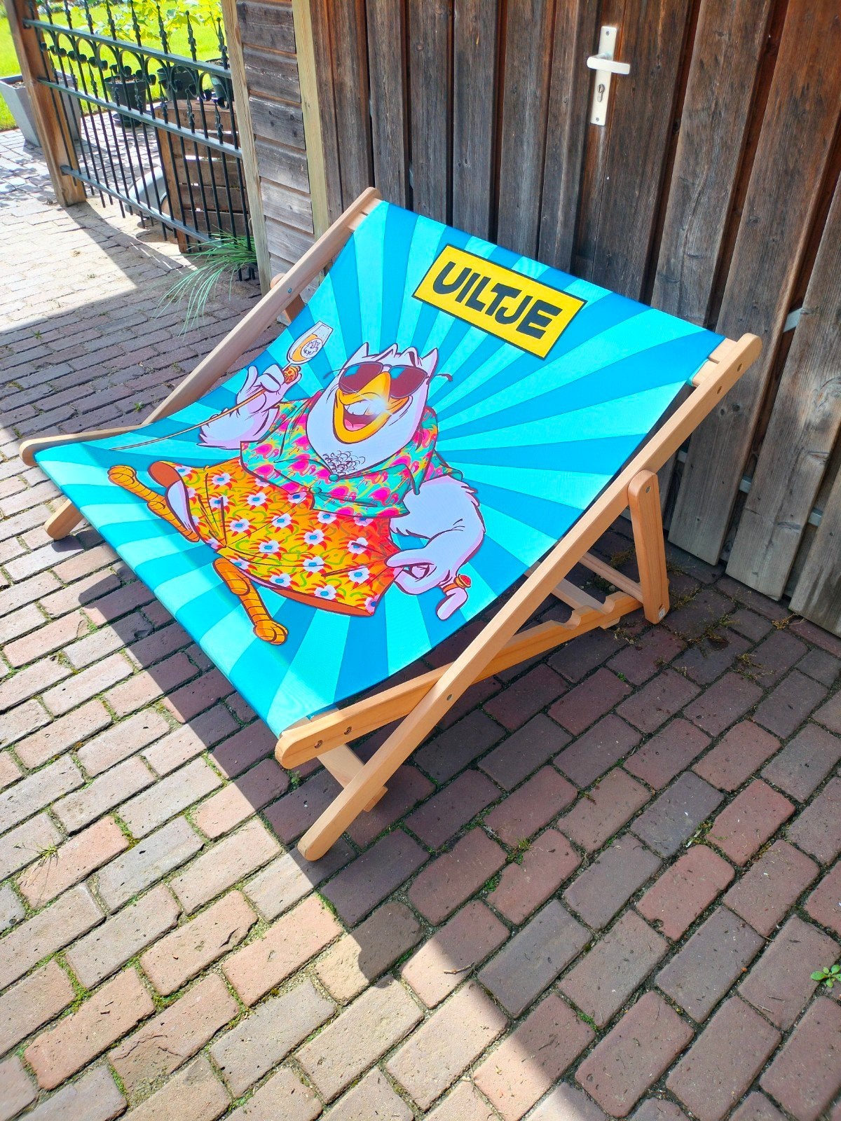 2 x vrolijke strandstoelen met Uiltje-design, Tuin en Terras, Ophalen, Hout, Inklapbaar