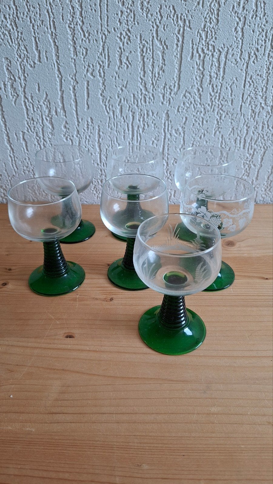 Set van 6 vintage wijnglazen met groene voet, Antiek en Kunst, Ophalen of Verzenden