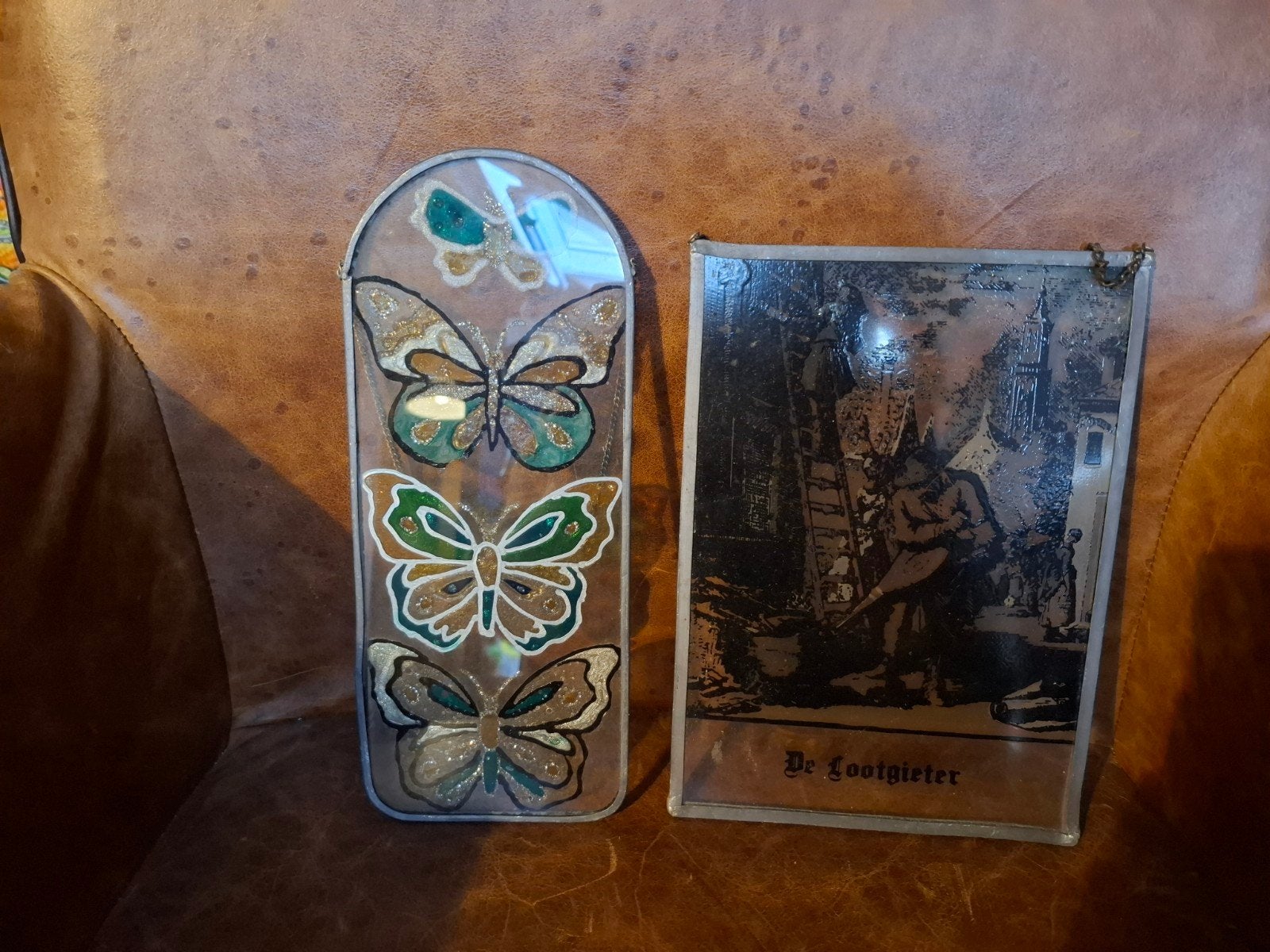 2 glas in lood tafereeltjes/raamhangers, Ophalen, Rond, Minder dan 50 cm