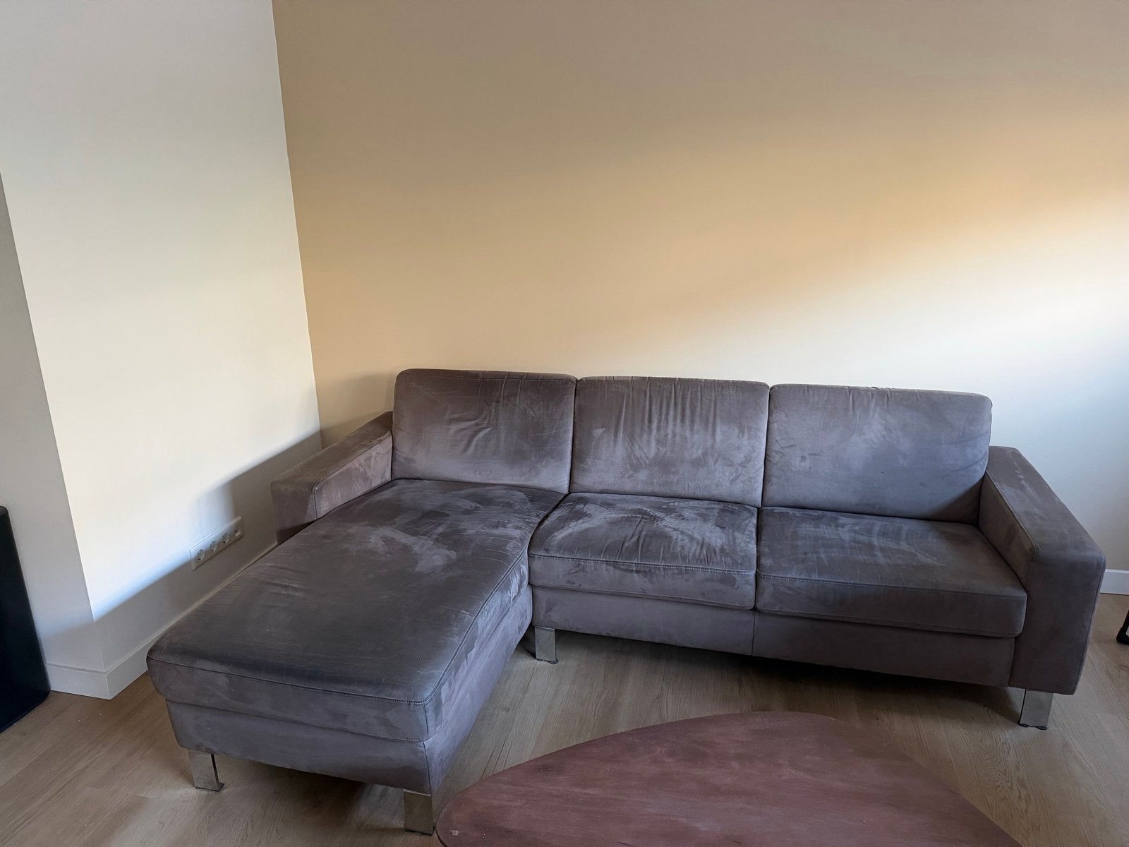 GRATIS Montel hoekbank met chaise longue, taupe-bruin, Ophalen, Overige materialen, Gebruikt, Driepersoons