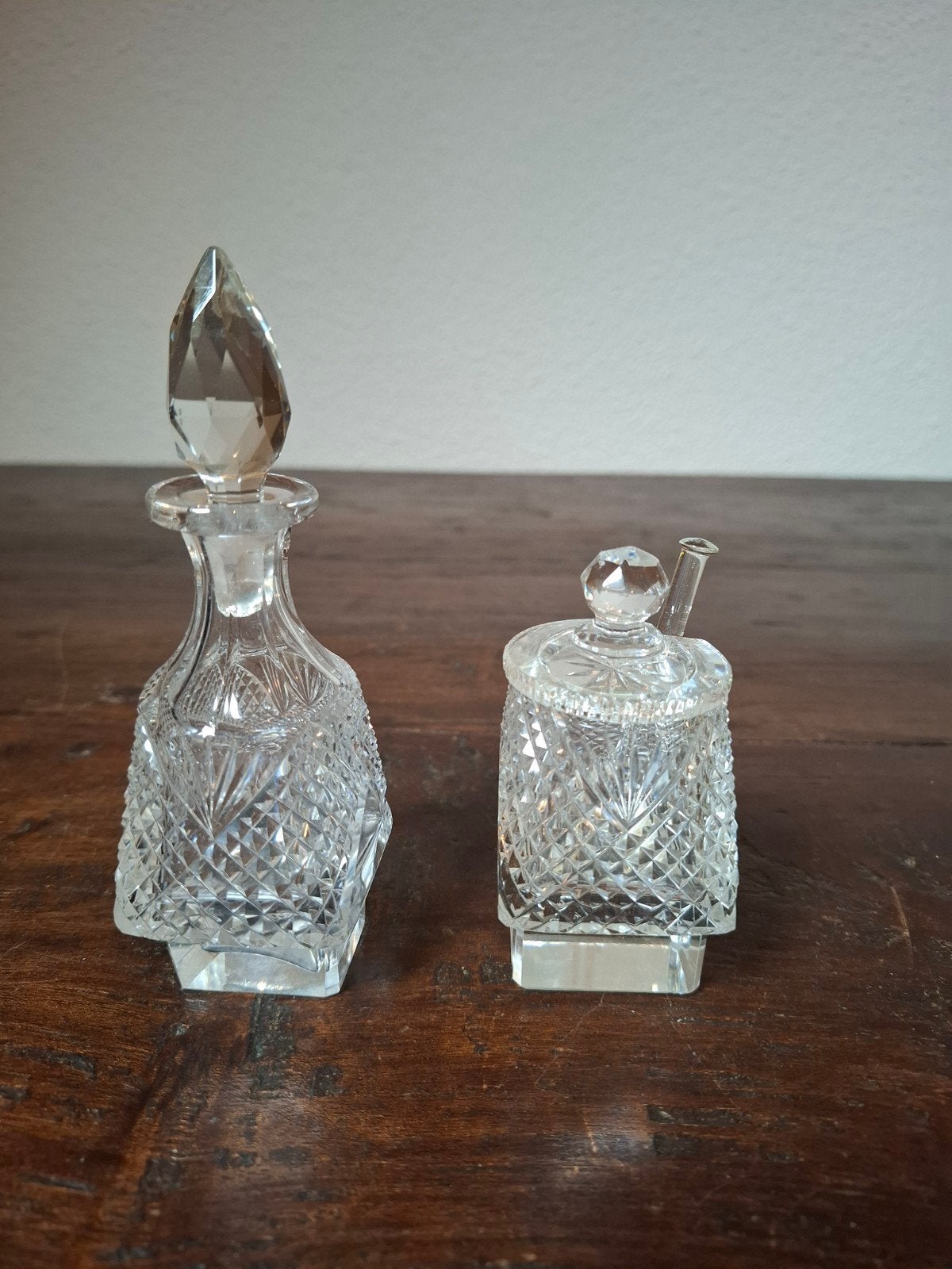 Glazen olie-/azijnpotje en mosterdpotje, Antiek en Kunst, Ophalen