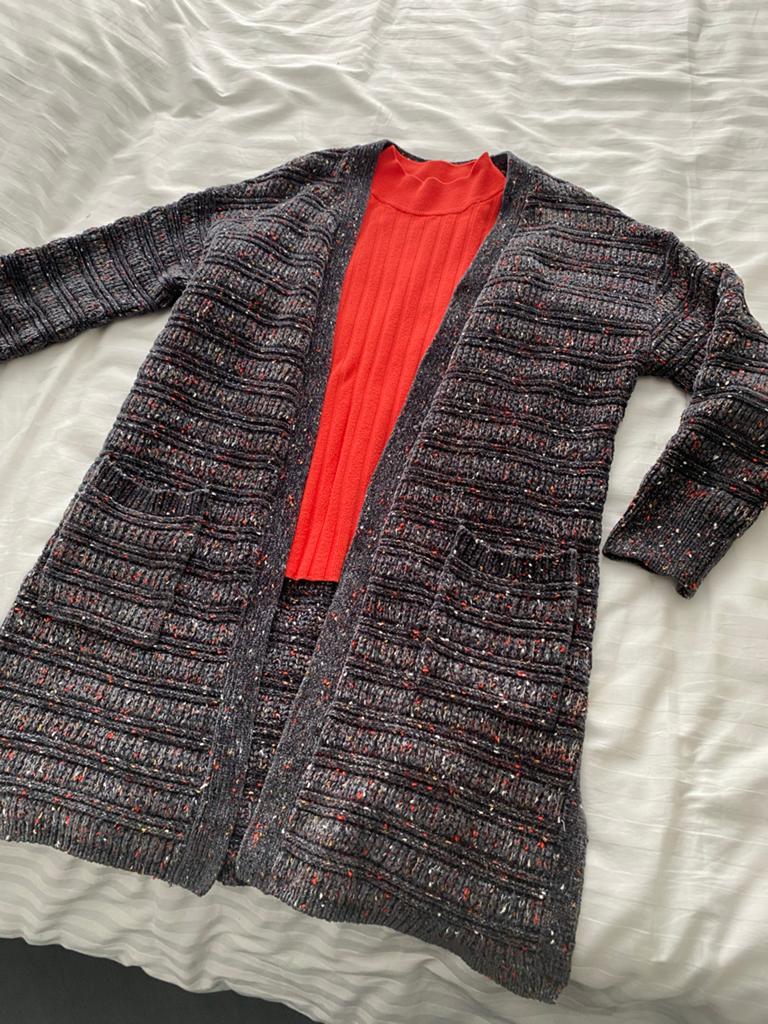 Taifun gebreid vest grijs gemêleerd met oranje trui maat S, Ophalen of Verzenden, Gedragen, Maat 36 (S), Grijs