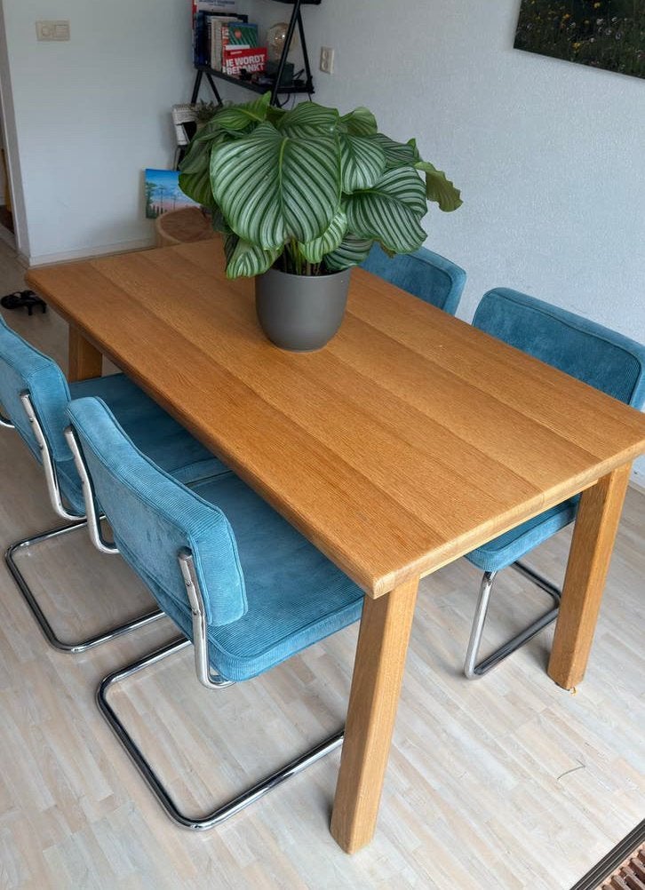 Eettafel van eikenhout met 4 stoelen (uitschuifbaar), Ophalen, Gebruikt, 50 tot 100 cm, 100 tot 150 cm